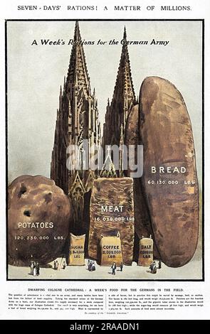 A scale drawing giving an impression of the volume of food needed to feed the German Army for one week during the First World War compared to the spires of Cologne Cathedral.     Date: 1914 Stock Photo