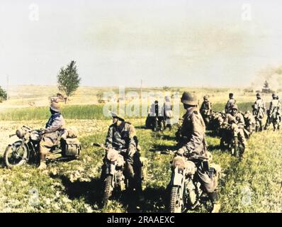 German motorcycle patrol on reconaissance in France during World War II     Date: 1940 Stock Photo