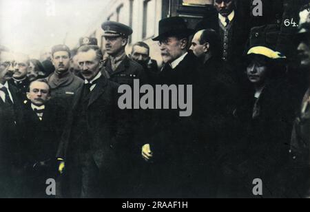 Tomas Garrigue Masaryk (1850-1937), Austro-Hungarian and Czechoslovak politician, founder and first President of Czechoslovakia.  Seen here being welcomed on his arrival at Prague's Wilson (Wilsonovo) Station.     Date: 21-Dec-18 Stock Photo
