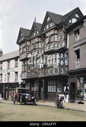 Street scene with the Jacobean-style Feathers Hotel in Ludlow, Shropshire, dating back to the 17th century. Stock Photo