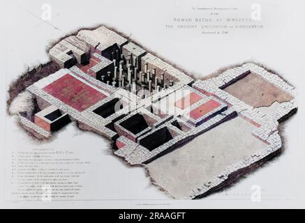 A perspective view of the revealed Roman Baths at Wroxeter (discovered in 1788), the site of the Roman city of Viroconium Cornoviorum.     Date: 1838 Stock Photo