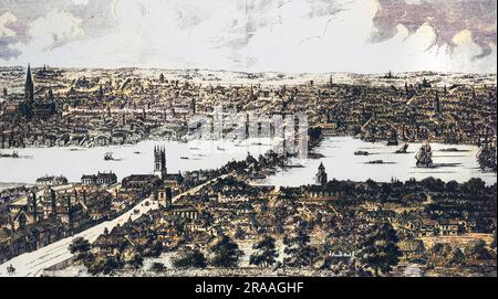 General aerial view of Old London Bridge, London, looking northwards, as it looked in the 16th century. The old St Paul's Cathedral can be seen on the north side of the river to the left, and what is now Southwark Cathedral can be seen on the south bank of the river.     Date: 1543 Stock Photo