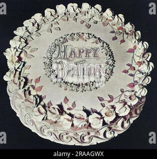 Birthday Cake with Sweet Peas and Apple Blossoms     Date: 1936 Stock Photo