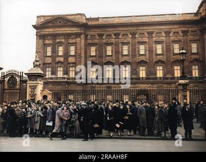 A crowd gathered outside the gates of Buckingham Palace. London Stock Photo