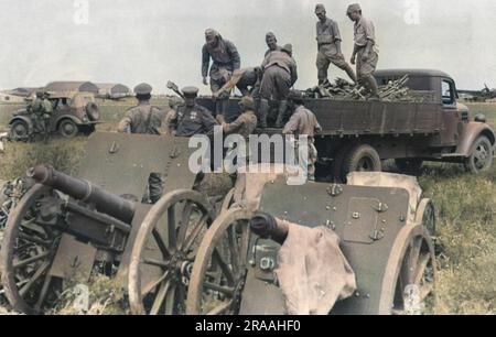 Soviet troops receive arms and munitions surrendered by units of the 63rd Division of the Kwantung Army of Japan at Mukden, Manchuria     Date: Aug-45 Stock Photo