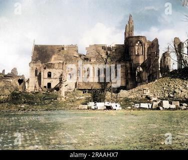 General view of Ypres Cathedral, Belgium, after bombing on the Western Front during World War One.     Date: circa 1916 Stock Photo