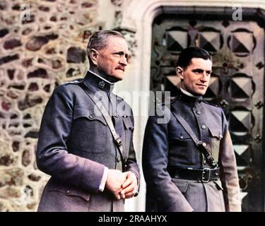 General John Pershing (left), American Commander-in-Chief, in France during World War One.     Date: circa 1917 Stock Photo