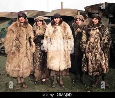 Five women drivers of the First Aid Nursing Yeomanry (FANY) wearing fur coats on the Western Front during World War One.     Date: circa 1916 Stock Photo