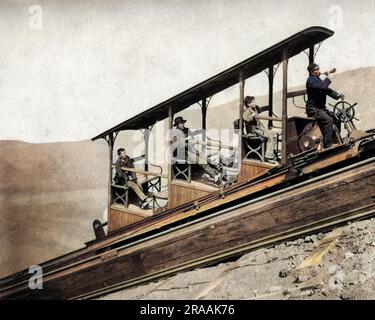 Funicular railway climbing a slope of Mount Vesuvius, Italy.     Date: late 19th century Stock Photo