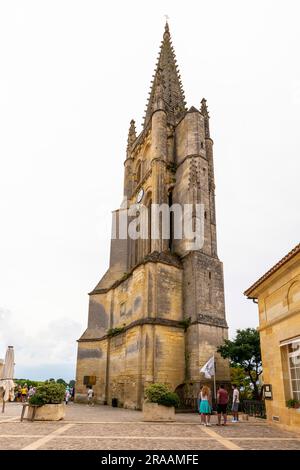 Bell tower of the Monolithic Church of Saint-Emilion. The monolithic church is an underground church dugged in the early 12 th century of gigantic pro Stock Photo