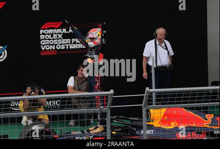 Spielberg, Austria. 02nd July, 2023. Motorsport: Formula 1 World Championship, Austrian Grand Prix, race: Max Verstappen from the Netherlands of the Red Bull team cheers after his victory. Credit: Hasan Bratic/dpa/Alamy Live News Stock Photo