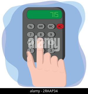 Vector flat style illustration of a hand and finger touching a calculator button Stock Vector