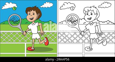 Coloring page of a boy playing Tennis Illustration for coloring page for kids Stock Vector