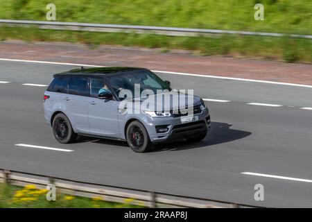 2016 Land Rover R rover Sport Abio Dynam Sdv6 A SDV6 306 Commandshift Auto Start/Stop Grey Car SUV Diesel 2993 cc; travelling at speed on the M6 motorway in Greater Manchester, UK Stock Photo