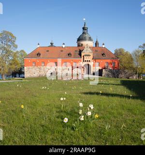 GRIPSHOLM CASTLE, SWEDEN ON MAY 12, 2023. View of the Castle, Main Entry, park, flowers. Editorial use. Stock Photo