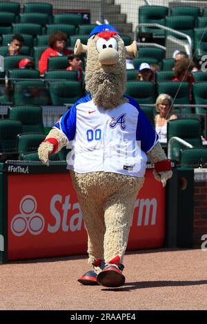 ATLANTA, GA - JULY 01: Braves Mascot Blooper entertains the fans during the  Thursday night MLB game between the Atlanta Braves and the New York Mets on  July 01, 2021 at Truist