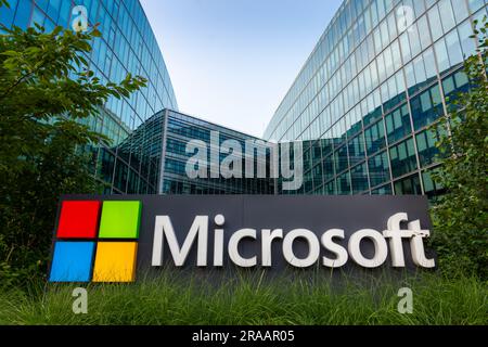 Sign and logo at  the French headquarters of Microsoft, an American corporation that develops, manufactures, licenses and markets computer software Stock Photo