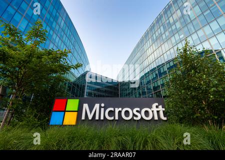 Sign and logo at  the French headquarters of Microsoft, an American corporation that develops, manufactures, licenses and markets computer software Stock Photo