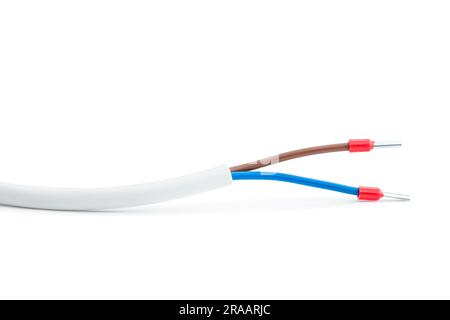 High  voltage wire hank prepared for use isolated on white with crimp terminals Stock Photo