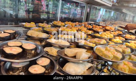 Assorted dimsums displayed for sale at the restaurant in Surabaya, Indonesia. Food Photohraphy Stock Photo