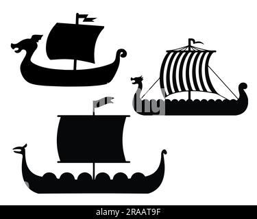 Set of Viking Ships Silhouette Stock Vector