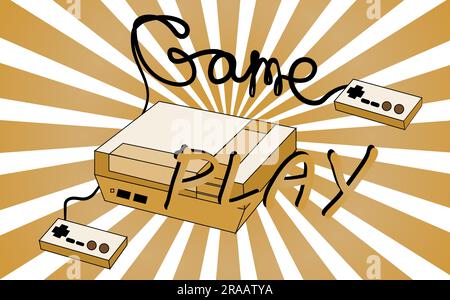 Old vintage retro hipster antique game console for video games with joysticks and gameplay on the background of the 70's, 80's, 90's. The background. Stock Vector