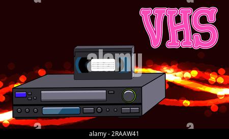 Old retro wines antique analog hipster video recorder with magnetic video tape for watching movies and the inscription VHS on the abstract energy back Stock Vector
