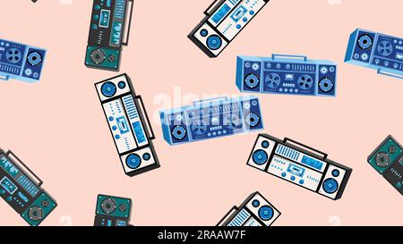 Seamless pattern endless with music audio cassette old retro tape recorders vintage hipster from 70s, 80s, 90s isolated on brown background. Vector il Stock Vector