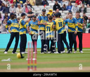 Birmingham Bears players celebrates with sub fielder Ethan Brookes (centre) after Durham's Ben Raine is run out during the Vitality Blast T20 match at Edgbaston, Birmingham. Picture date: Sunday July 2, 2023. Stock Photo