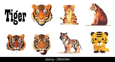 A set of Flat Tiger vector illustration Stock Vector