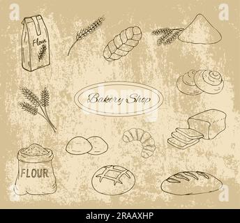 Bakery vector retro background with hand drawn doodle bread ...