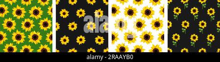 Set of seamless patterns with yellow sunflowers on black, white, and green backgrounds. Vector floral prints Stock Vector