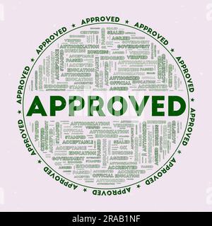 Approved - round badge. Text approved with keywords word clouds and circular text. Duck Hunt color theme and grunge texture. Stock Vector
