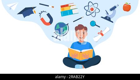 Boy sitting on the floor with opened book. School icons around. Microscope, atom, books, magnet, globe, basketball. Education concept. Knowledge, crea Stock Vector