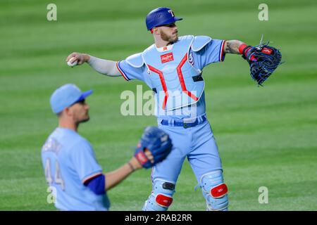 Texas Rangers catcher Jonah Heim (28) batting during the MLB game between  the Texas Ranges and the Houston Astros on Friday, April 14, 2023 at Minute  Stock Photo - Alamy