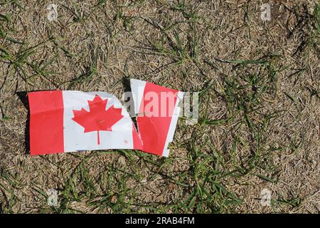 Post Canada Day flag ripped and trampled. Stock Photo