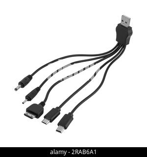 Universal adapter cable from USB connector to micro USB, mini-USB and other connectors white background in insulation Stock Photo