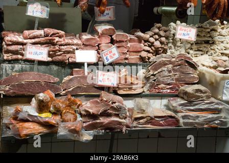 A tempting display of various meats for sale at São Paulo's Municipal Marke Stock Photo