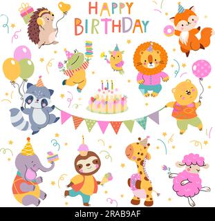 Birthday party animals. Woodland animal with cake and balloons. Cute wild animal for children festive decorations. Funny adorable nowaday vector Stock Vector