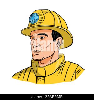 Rescue Male Firefighter Character in Safe Helmet and Uniform Portrait on a white background Stock Vector