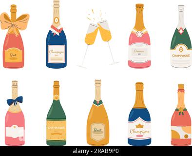 Sparkle wine bottles, holiday champagne bottle and grasses. New year party drinks. Brut, prosecco alcoholic beverages. Snugly celebrate vector Stock Vector