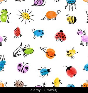 Animal child style graphic seamless pattern. Abstract kids fabric print, fingerprints flowers. Nature, fish and dog, sun and fruits vector background Stock Vector