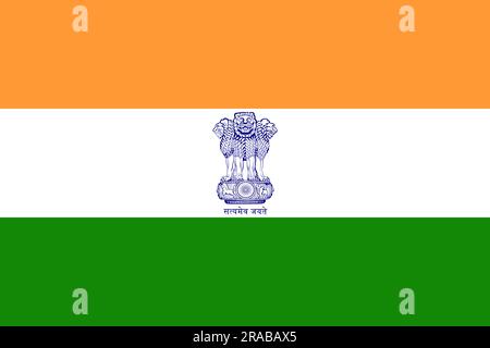 The official current flag and coat of arms of the REPUBLIC OF INDIA. State flag of the REPUBLIC OF INDIA. Illustration. Stock Photo