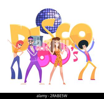 Disco characters. funny cartoon people in clothes 80s style dancing Stock Vector