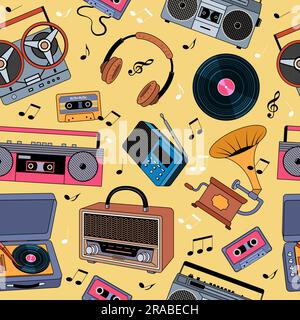 Music players pattern. Audio gadgets collection in retro style vintage radio headset recent vector seamless background Stock Vector