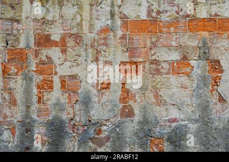 An old brick wall with cracked and chipped plaster Stock Photo