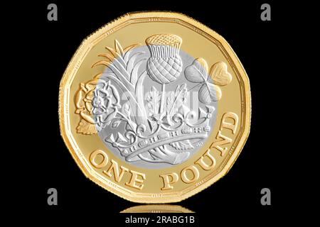 Reverse side of the new shaped 12 sided pound coin that features a flower to represent each nation of the United Kingdom. This was introduced in 2017 Stock Photo