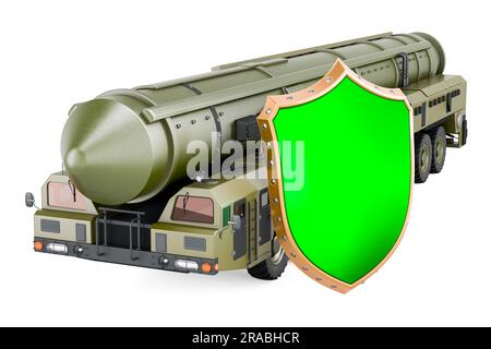 Scud missile, mobile short-range ballistic missile system with shield. 3D rendering isolated on white background Stock Photo