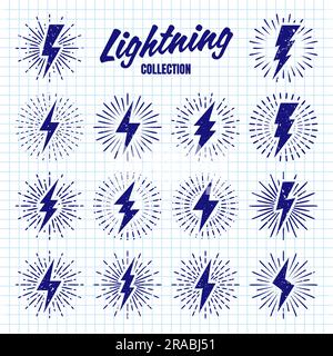 Set of vintage hand drawn lightning bolts and sun rays on checkered paper sheet. Lightnings with sunburst effect. Thunderbolt, electric shock sign Stock Vector