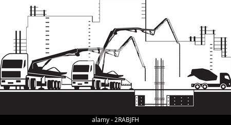 Concrete pump trucks  on construction site - vector illustration Stock Vector
